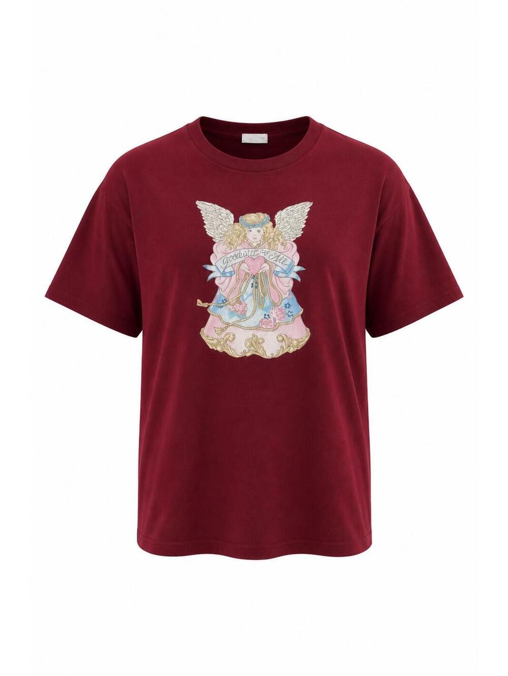 Vintage Jerzees Burgundy Angel Graphic T-Shirt, Large